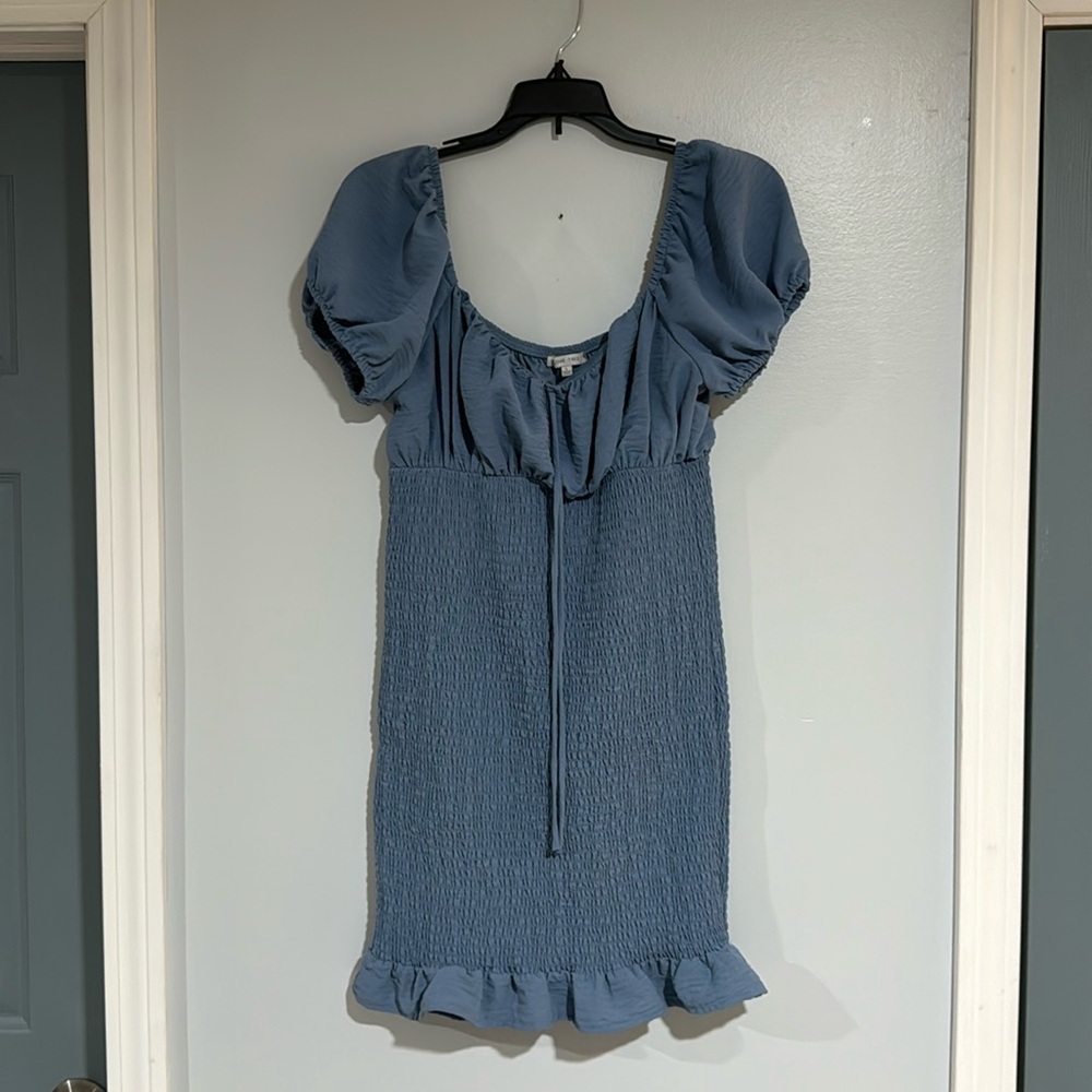 Womens Large Smocked Ruffle Hem Puff Sleeve Bodycon Blue Boho